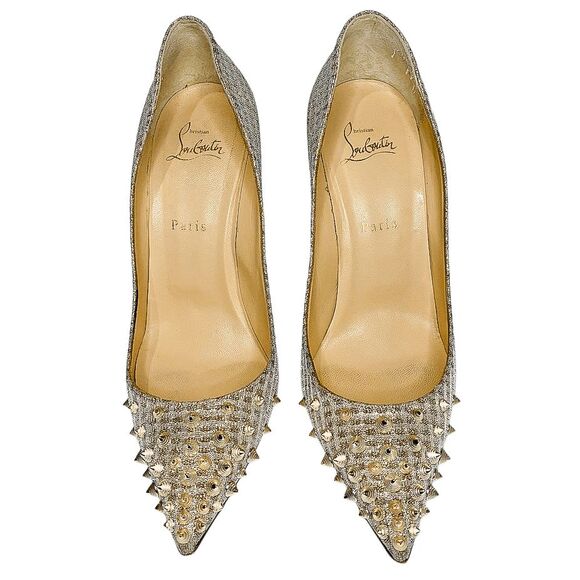 Christian Louboutin Spikyshell 100 Pumps Nude Gold Lurex High Heels Size 39.5 - Picture 2 of 11